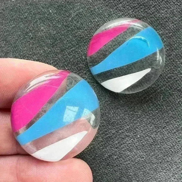Vintage Pink & Blue Acrylic Earrings Circular 80s fun boho - Picture 6 of 6